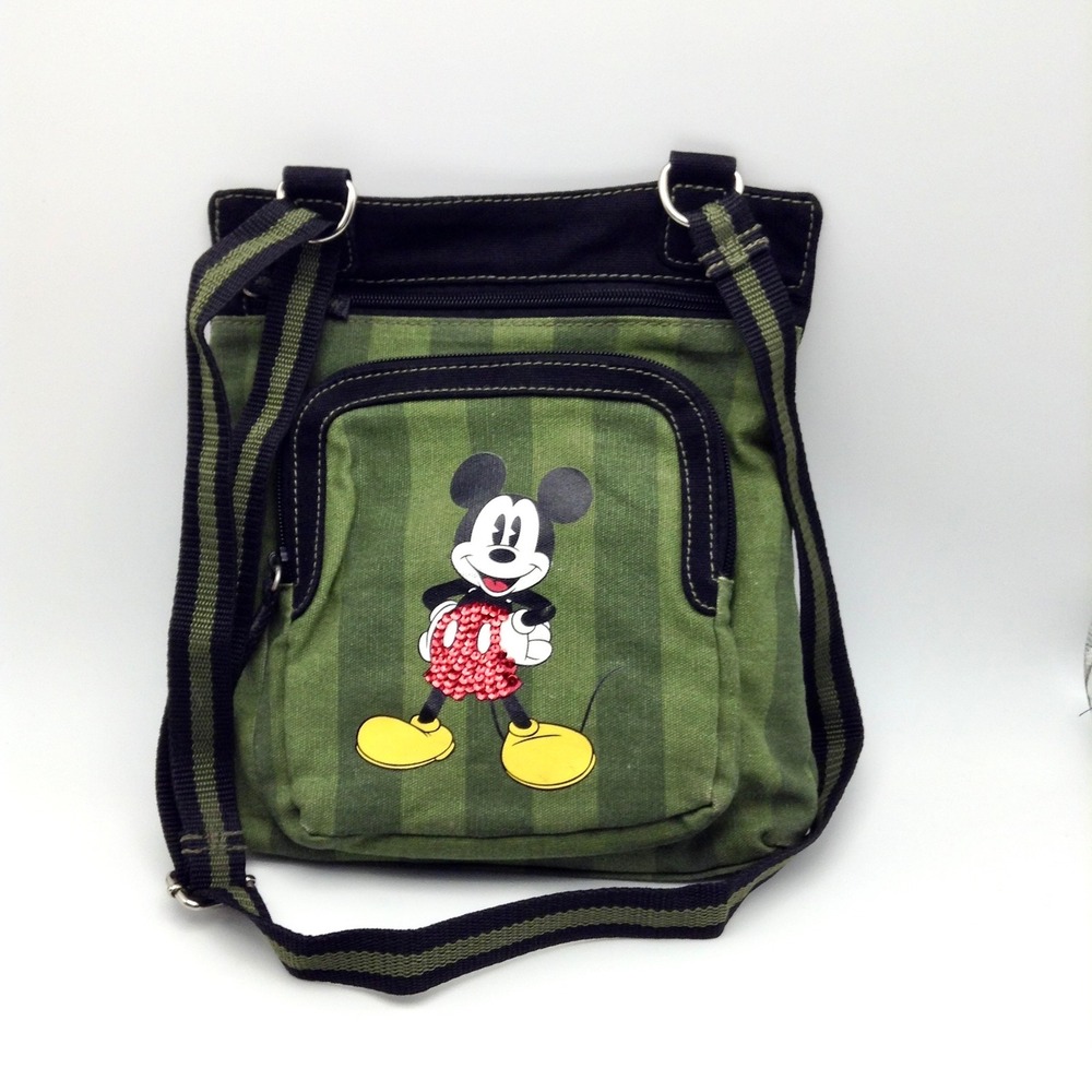 Disney Mickey Mouse Crossbody‎ Bag Green Striped Canvas Purse - Picture 4 of 8